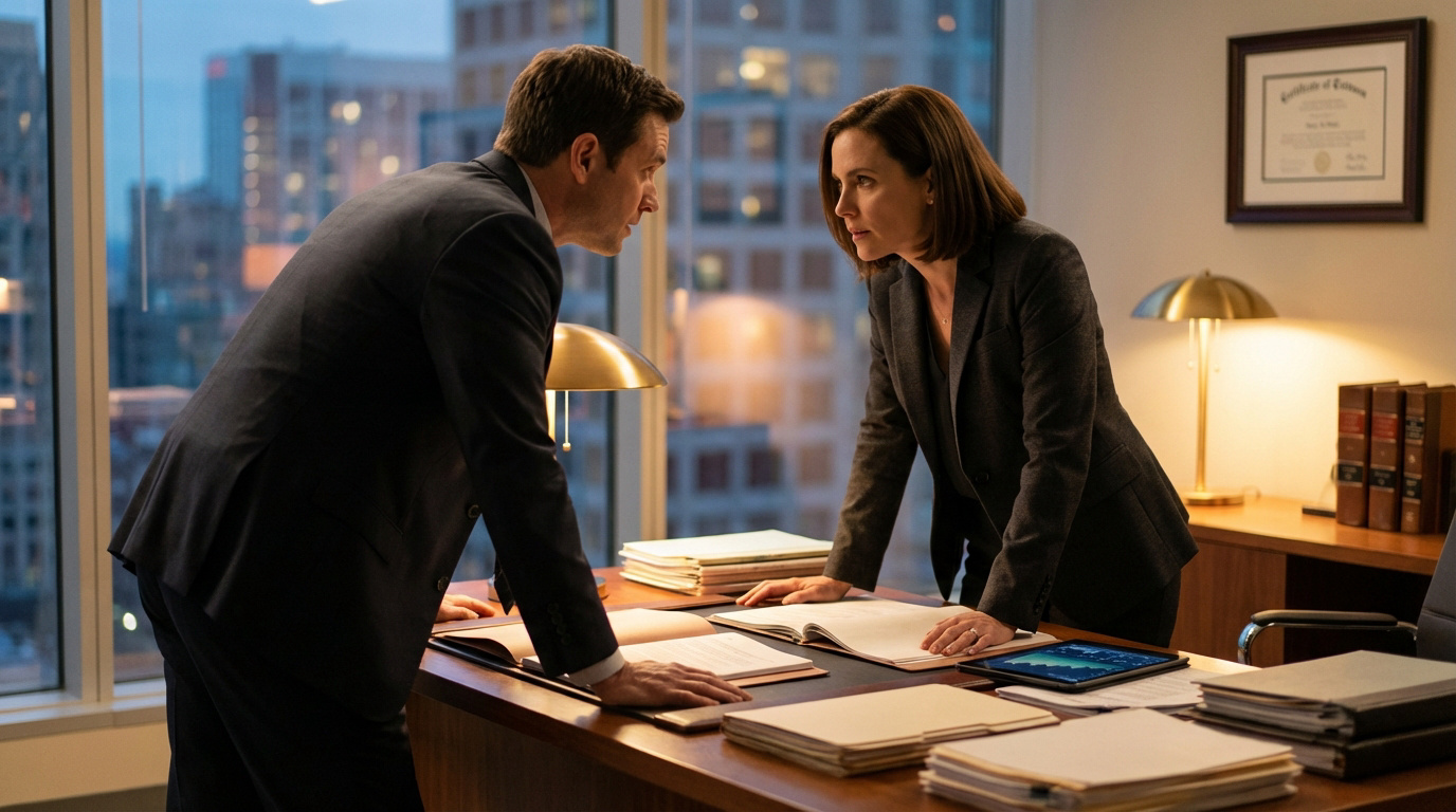Deux professionnels (homme, femme) en costume se font face au-dessus d'un bureau rempli de dossiers, vue sur la ville en arrière-plan.