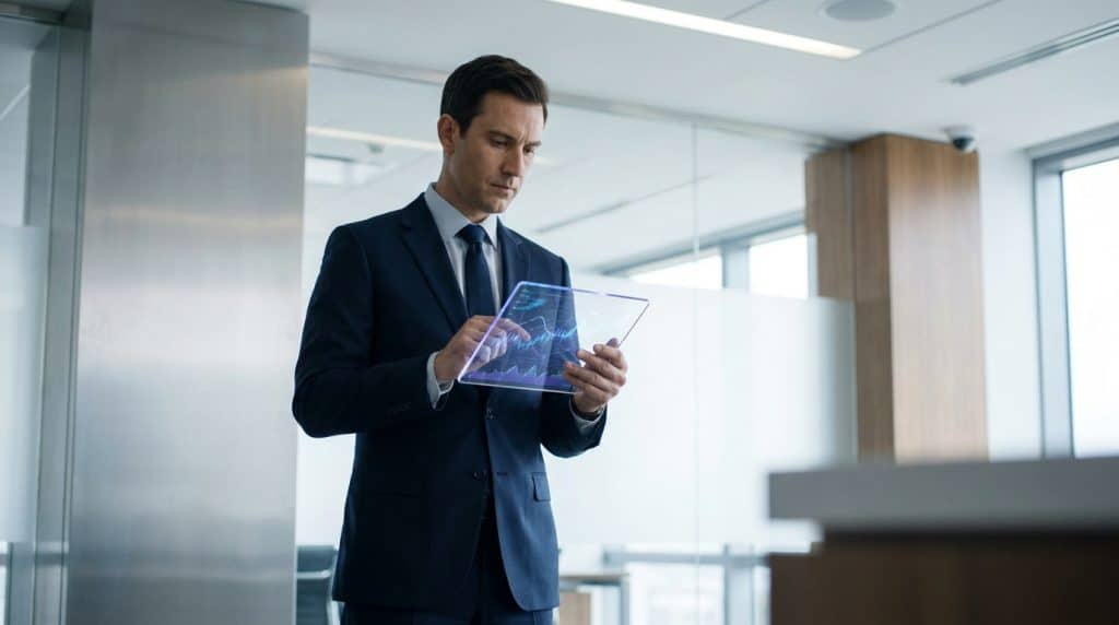 Homme d'affaires en costume analysant des graphiques de données sur une tablette transparente holographique, avec une caméra de surveillance en arrière-plan.
