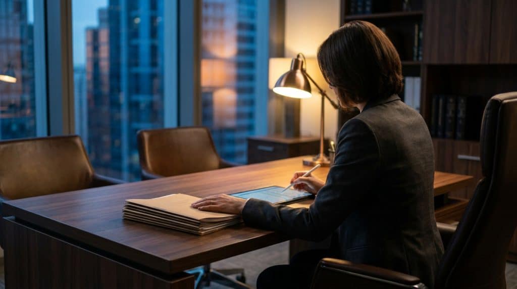 Une détective en costume assise à un bureau, utilisant une tablette numérique devant une pile de dossiers.
